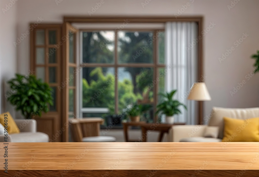 Fototapeta premium Wooden Table with Blurred Living Room Scene and Window View