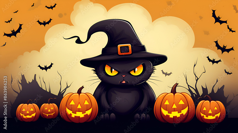 Halloween scene with black spooky cat in witch hat with orange carved pumpkins. Happy Halloween banner, invitation, card. Halloween scene with black spooky cat in witch hat with orange carved pumpkins. Happy Halloween banner, invitation, card.