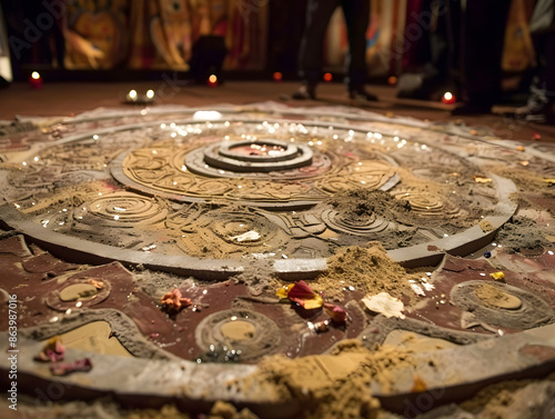 Intricate sand mandala by a Buddhist monk, meticulously crafted and ceremoniously destroyed after completion. photo