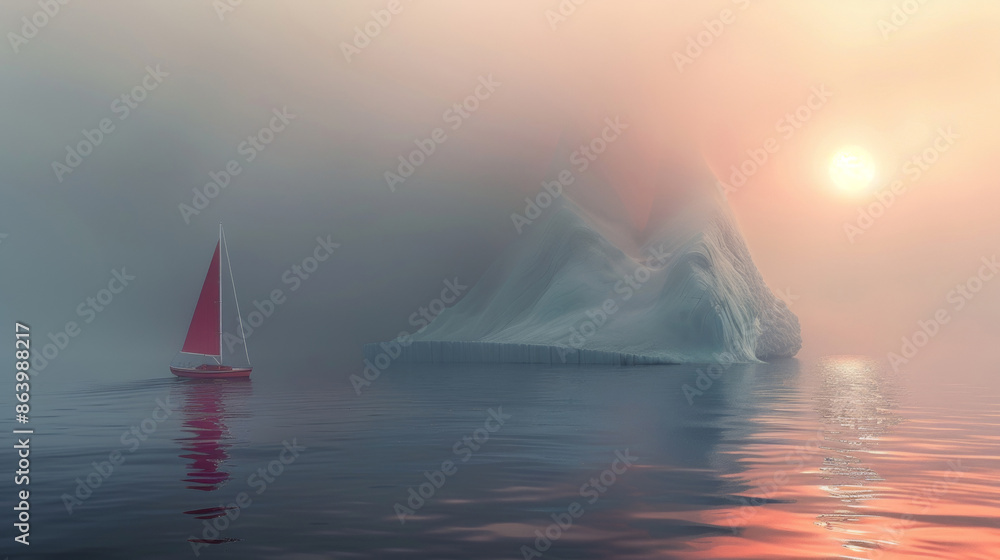 A sailing boat and a giant iceberg in sea water. A sailing boat and a giant iceberg in sea water.