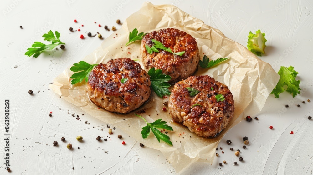 Roasted cutlet meat presented on parchment paper against a white backdrop Roasted cutlet meat presented on parchment paper against a white backdrop