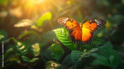 Orange butterflies flying in the garden. spreading wings butterfly on a leaf