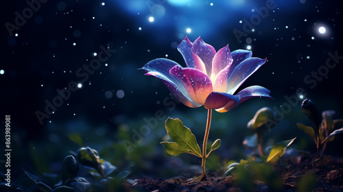 A single glowing blue flower against a starry night sky. Desktop wallpaper