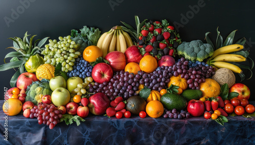 A large pile of colorful fruits and vegetables, captured in a studio setting with dramatic lighting against a dark background. Created with Ai