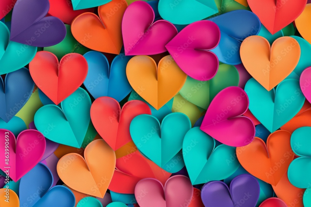 Colorful paper hearts in vibrant shades of red, orange, blue, purple, and green Colorful paper hearts in vibrant shades of red, orange, blue, purple, and green