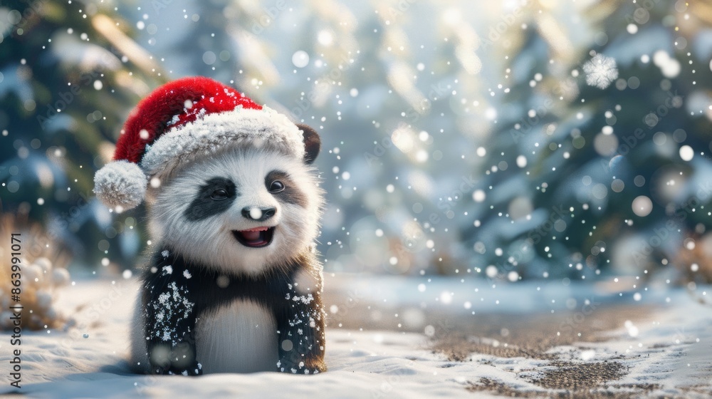 Cute panda with Christmas cap in snow field in winter. 3D illustration. Cute panda with Christmas cap in snow field in winter. 3D illustration.