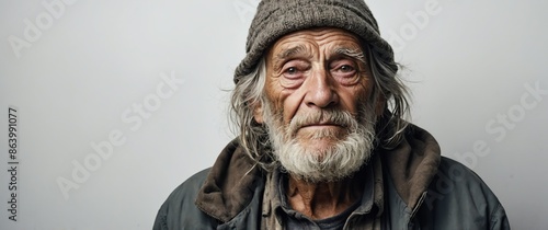 old homeless guy on plain white background for banner with copy space
