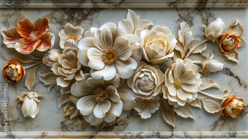 Intricate 3D floral arrangement carved into marble, featuring delicate white and orange blooms.