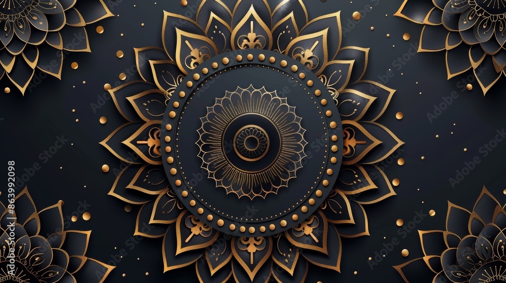 Elegant black and gold mandala pattern with intricate details and a 3D effect. Ideal for festive backgrounds, invitations, and decorative designs. Elegant black and gold mandala pattern with intricate details and a 3D effect. Ideal for festive backgrounds, invitations, and decorative designs.