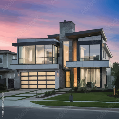 Modern Housing and Smart Home Technology, Contemporary Architecture with Digital Connection, Luxury Residential Exterior, Green and Sustainable Design, Security and Automation Concepthousing, building