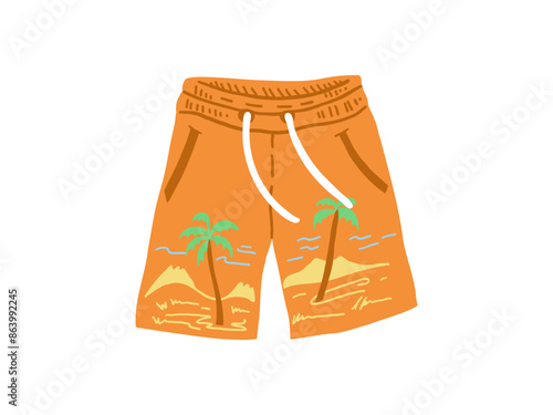 Hand-drawn colored sketch of beach shorts. Summer accessory isolated on white background.