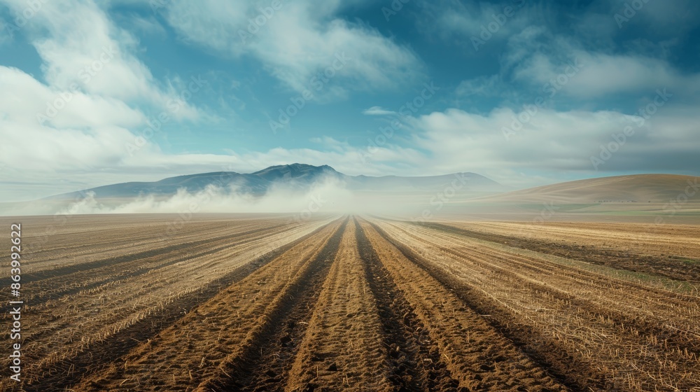 A plowed field stretches out towards a distant mountain range, with mist rising from the earth and a blue sky overhead. A plowed field stretches out towards a distant mountain range, with mist rising from the earth and a blue sky overhead.
