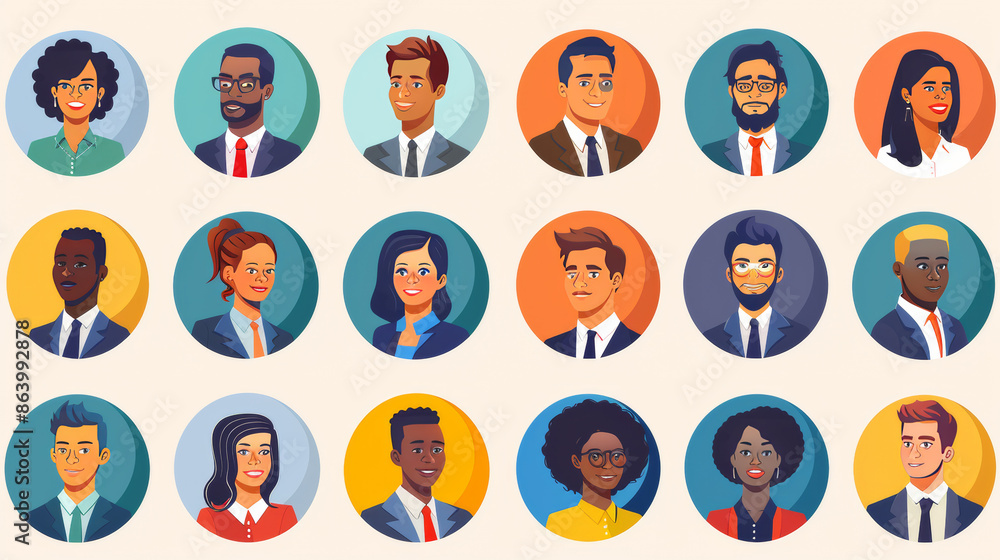 Fototapeta premium A collection of cartoon faces with a variety of different characters. Headshots of men and women of different races, and people in business attire. Circle icons. Flat design style.