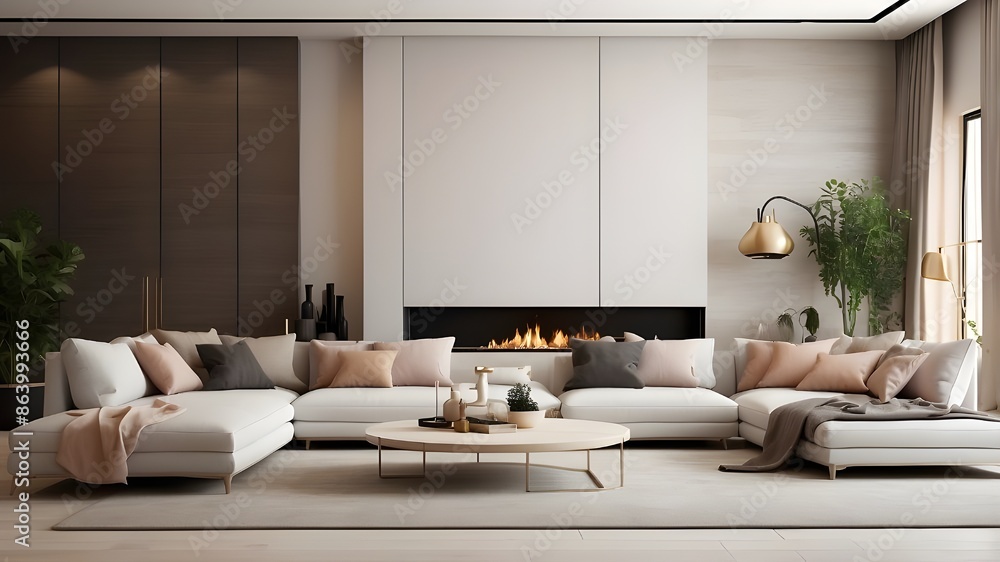 Modern home mockup banners including a living room with a couch and fireplace with opulent interior design. Modern home mockup banners including a living room with a couch and fireplace with opulent interior design.