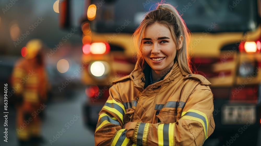Fototapeta premium Firefighter Woman Posing in Front of Fire Truck - A female firefighter in a uniform with yellow stripes stands in front of a fire truck in a confident pose. She looks at the camera with a smile.