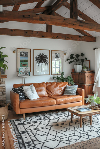 Cozy living room with a comfy couch, a colorful rug, and  houseplants adding a touch of nature