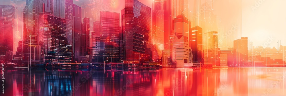 Obraz premium Cityscape with Red and Orange Hues - A futuristic cityscape is bathed in warm red and orange hues, creating a vibrant and energetic atmosphere.