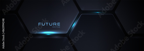 Dark hexagon abstract technology background with light blue colored bright flashes under hexagon. Hexagonal gaming vector abstract tech wide banner.