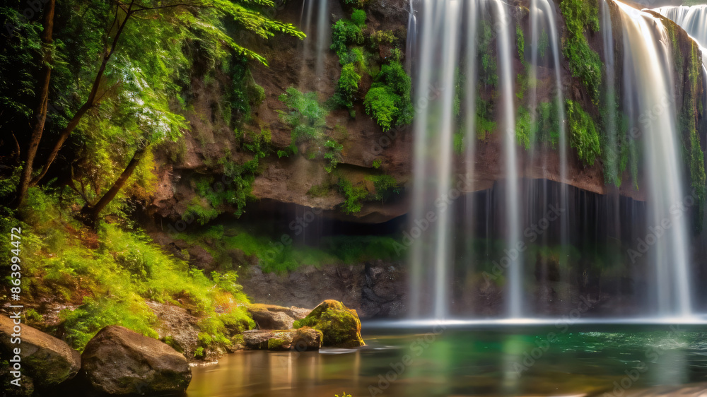 Cascading water tumbles over moss-covered rocks in a beautiful forest waterfall Cascading water tumbles over moss-covered rocks in a beautiful forest waterfall