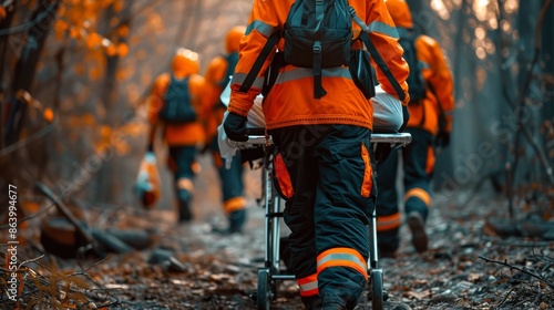 Emergency Responders Transporting a Patient Through a Forest - A group of emergency responders in orange uniforms carry a stretcher with a patient through a forest, the scene evokes a sense of urgency photo