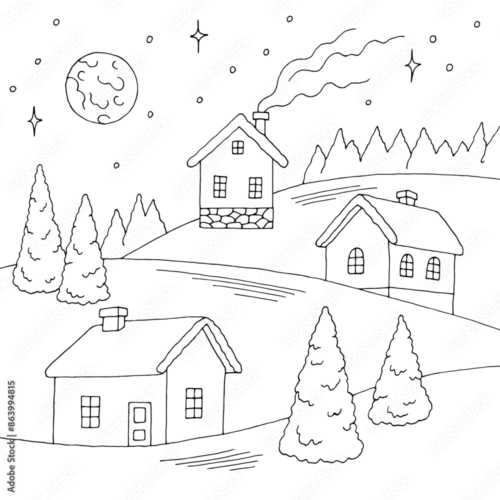 Fototapeta premium Winter village exterior graphic black white fir tree landscape sketch illustration vector 