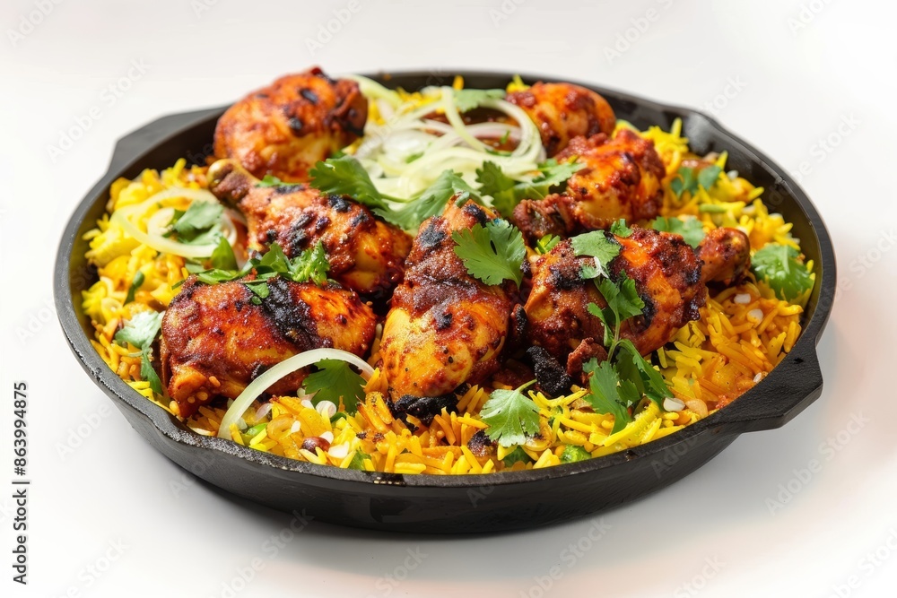 Elegant Tandoori Chicken and Saffron Rice in Cast Iron Pan Elegant Tandoori Chicken and Saffron Rice in Cast Iron Pan