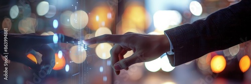 A Hand Reaching Through a Digital Interface - A hand reaches out from behind a digital interface towards a second hand, with a blurred city lights background. photo