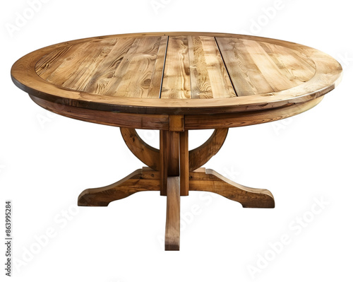 Light brown wooden round dining table on transparent background