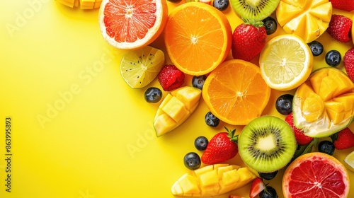 Healthy diet concept with fruit on a yellow background