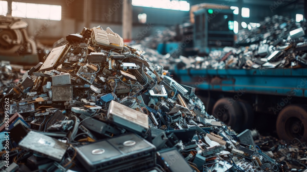 Electronic waste piled into a mountain inside a modern recycling factory, with detailed recycling machines in action Electronic waste piled into a mountain inside a modern recycling factory, with detailed recycling machines in action
