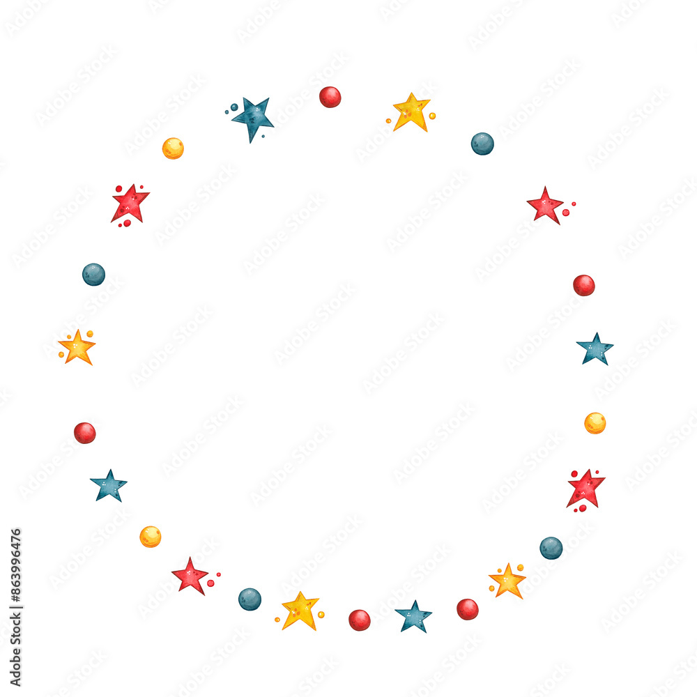 Round frame of yellow, blue and red stars and balls. Hand drawn watercolor illustration. Drawing for cards, albums, invitations. Round frame of yellow, blue and red stars and balls. Hand drawn watercolor illustration. Drawing for cards, albums, invitations.