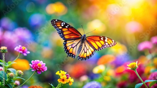 Beautiful background featuring a colorful butterfly flying in a garden setting , butterfly, background, nature, insect, colorful © Sangpan