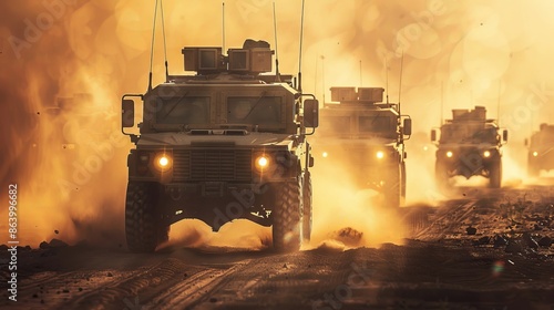 Convoy of military vehicles, transporting essential equipment on a rugged road, dynamic scene with dust trails photo