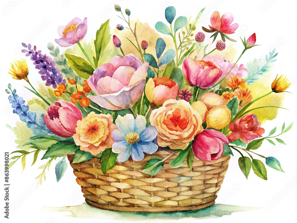 Obraz premium Whimsical Watercolor Flower Basket Illustration - Perfect for Artistic and Decorative Use
