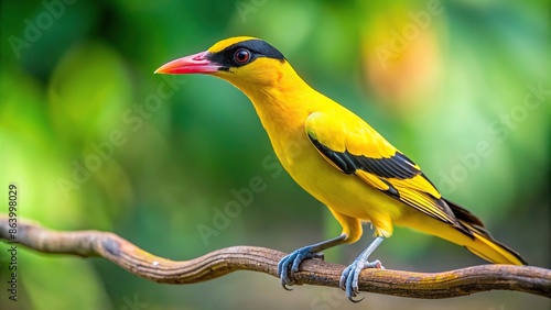 Close-up of a Black-naped Oriole displaying vibrant orange and black plumage on a branch, Black-naped Oriole, close-up, vibrant photo