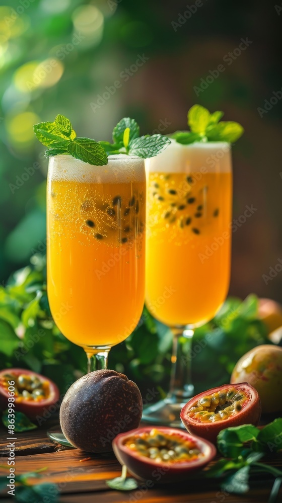 Two glasses of passion fruit beer on a dark wooden surface with fresh passion fruits and mint leaves Two glasses of passion fruit beer on a dark wooden surface with fresh passion fruits and mint leaves