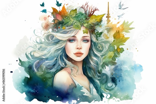 Watercolor Portrait of a Woman with Autumnal Wreath - A woman with long blue hair looks thoughtfully at the viewer while wearing a wreath made of colorful autumn leaves. photo