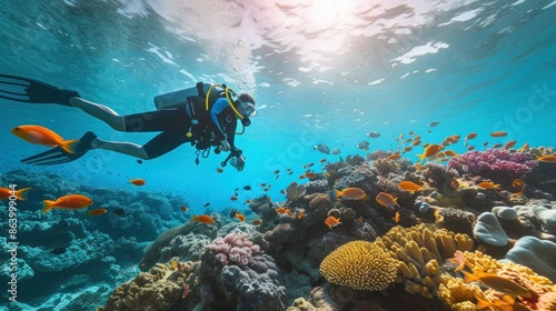 Scuba diver diving on tropical reef with blue background and reef fish