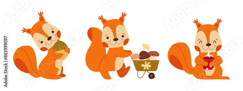 Cute Squirrels Set. Funny Kawaii Forest Animals with Acorn, Autumn Mushrooms, Tea Mug. Happy Vector Characters. Child Illustration on Isolated Background.