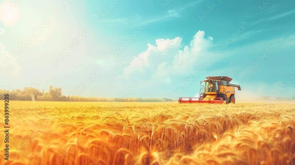 Fototapeta premium Harvest Time in a Golden Field - A yellow combine harvester works in a field of golden wheat under a bright, blue sky with fluffy clouds.
