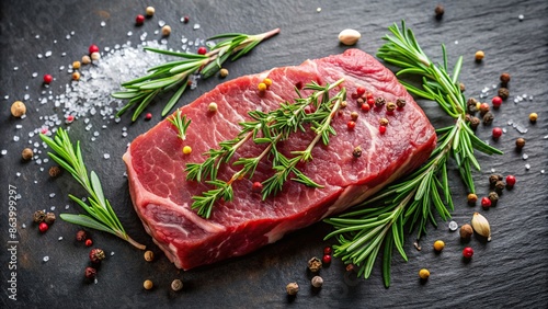 Raw beef steak with herbs, ready to be cooked, raw, beef, steak, herbs, seasoning, marinated, fresh, ingredients, cooking photo