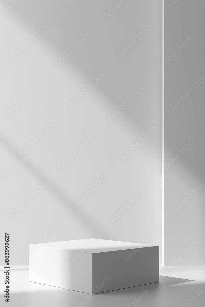 Fototapeta premium A sleek white platform sits on a minimalist white background with subtle shadows cast by sunlight streaming through a window