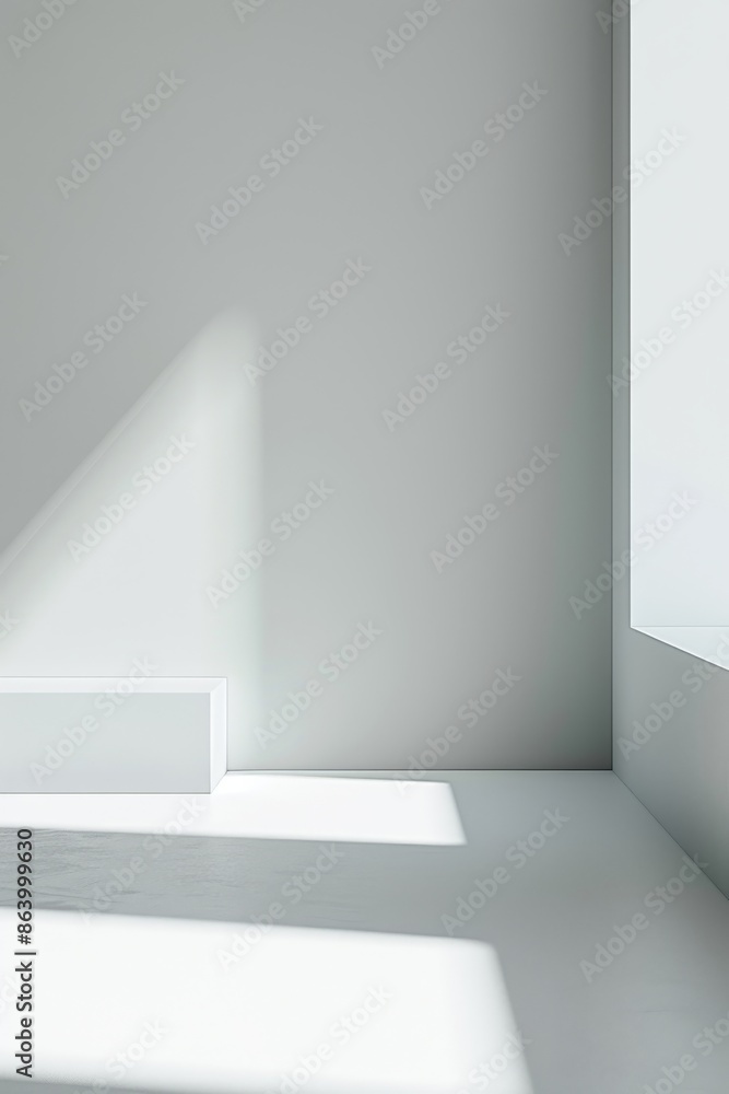 Obraz premium Modern room with minimalist design. Clean, light gray walls and floor create a spacious feel. Sunlight through window casts subtle shadows