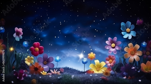 Decorative glowing toy flowers grow against a starry night sky backdrop
