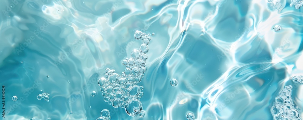 Naklejka premium A body of water with many bubbles floating on the surface. The bubbles are scattered throughout the water, creating a sense of movement and energy. The blue color of the water
