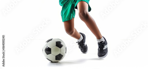 closup ,soccer player kicking ballisolated on a white background,  photo