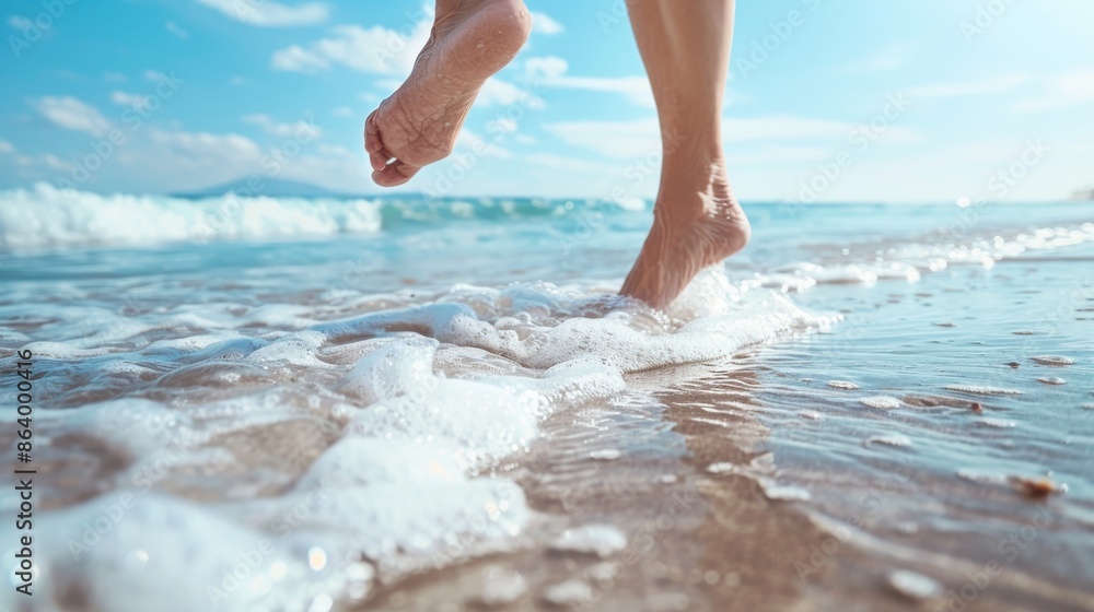 A closeup shot of a mature womans feet dancing barefoot on a sandy shoreline. The gentle waves lap at her feet, creating a sense of peace and tranquility A closeup shot of a mature womans feet dancing barefoot on a sandy shoreline. The gentle waves lap at her feet, creating a sense of peace and tranquility