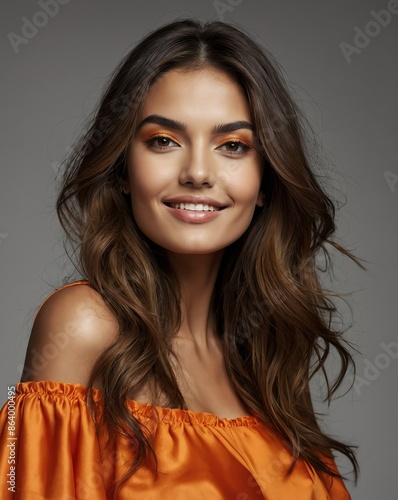 orange theme fashion hispanic pretty woman model influncer with clear smooth skin smiling on camera photo