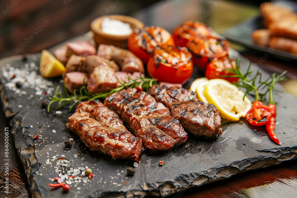 grilled meat with vegetables on a black stone plate grilled meat with vegetables on a black stone plate