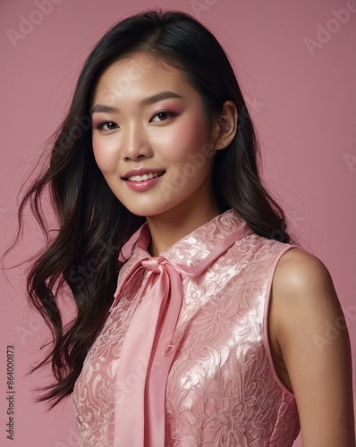 pink theme fashion asian pretty woman model influncer with clear smooth skin smiling on camera photo